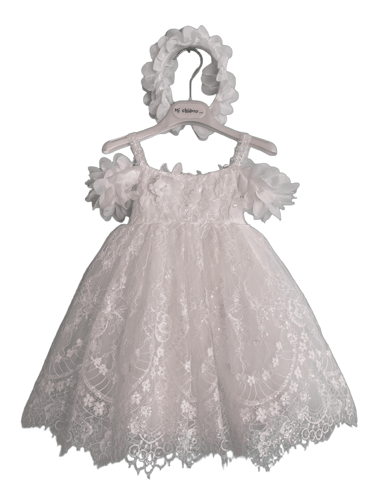 Βαφτιστικό Φόρεμα Δαντέλα με Λουλούδια - Λευκό