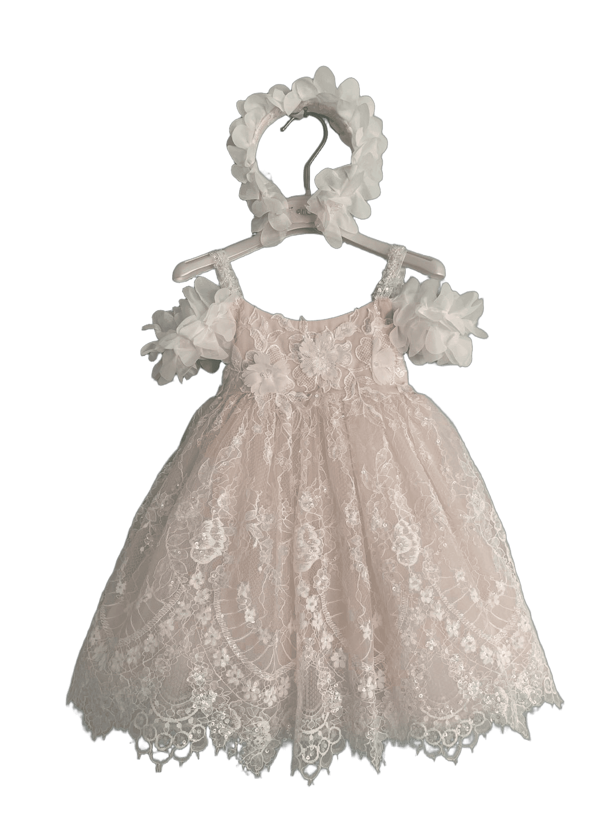 Βαφτιστικό Φόρεμα Δαντέλα με Λουλούδια - Σομόν/Ροζ