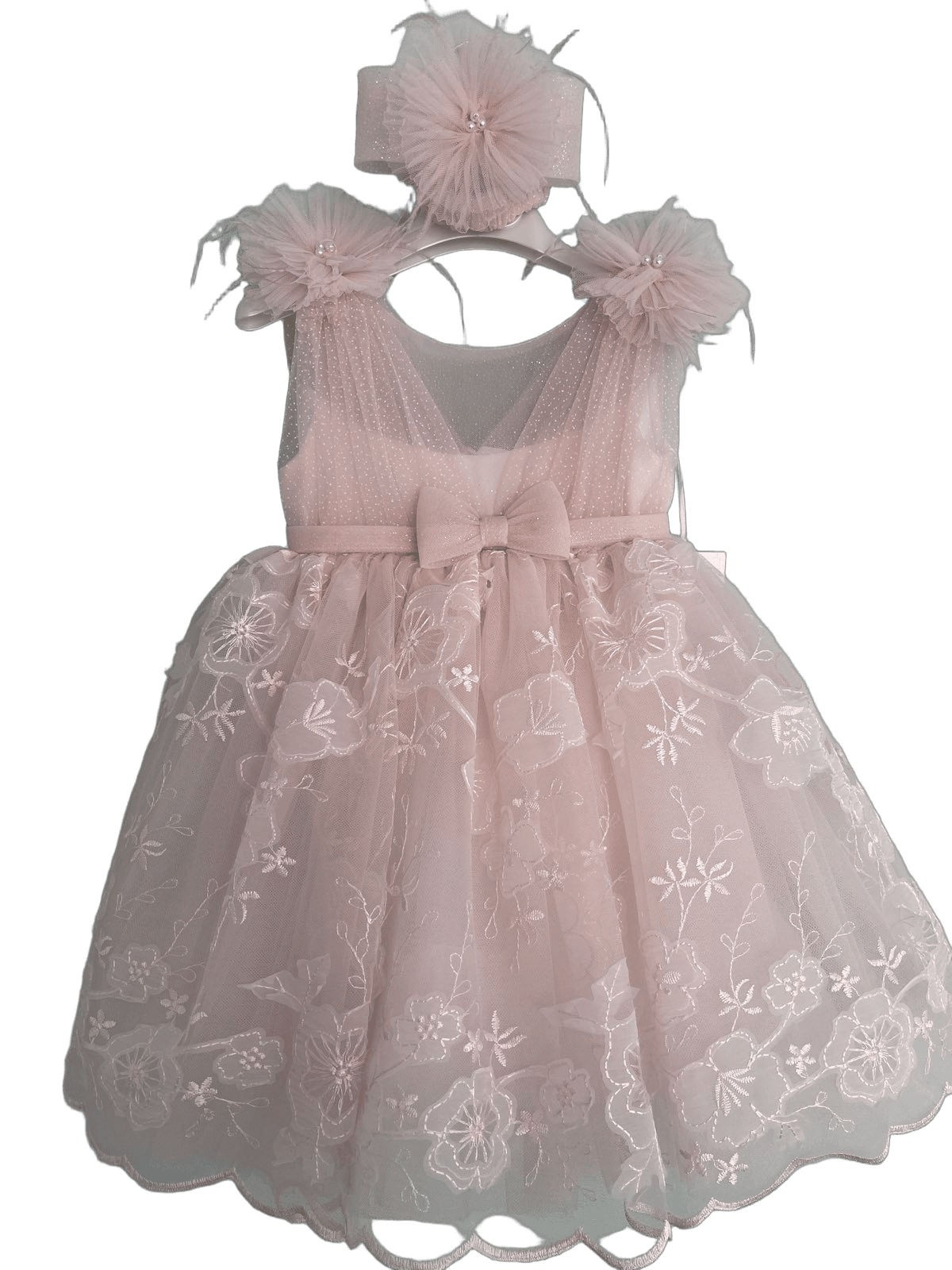 Βαφτιστικό Φόρεμα Τούλι με Κεντημένα Λουλούδια - Ροζ