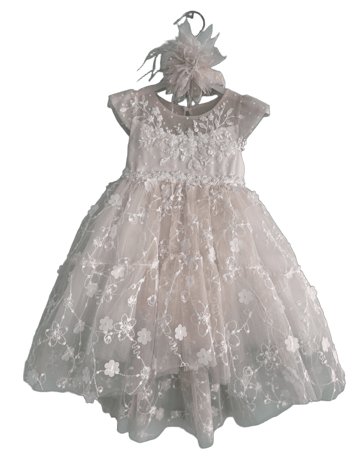 Βαφτιστικό Φόρεμα με 3D Λουλούδια και Δαντέλα - Σομόν