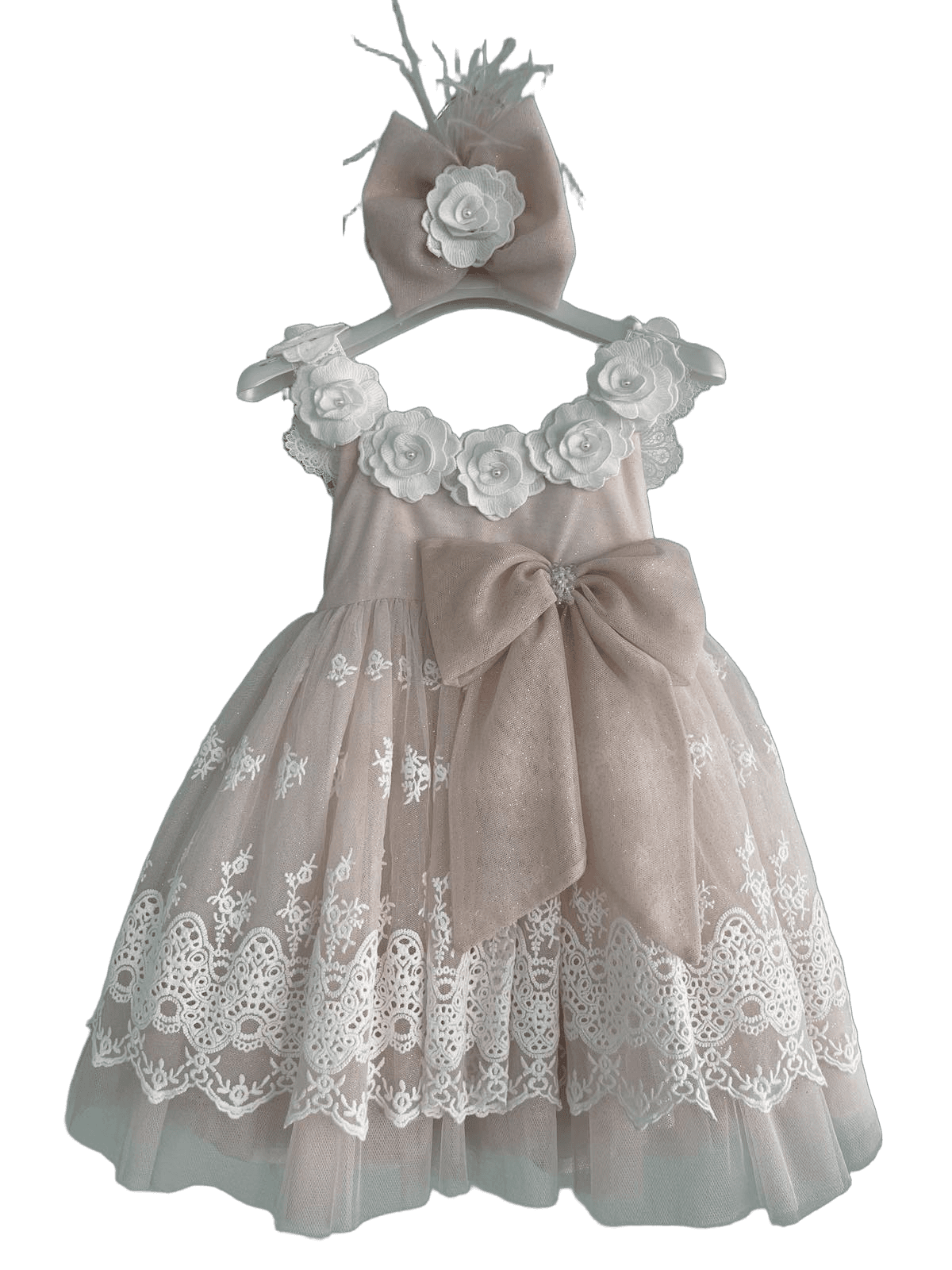 Βαφτιστικό Φόρεμα με Τριαντάφυλλα και Δαντέλα - Μπεζ/Σαμπανί