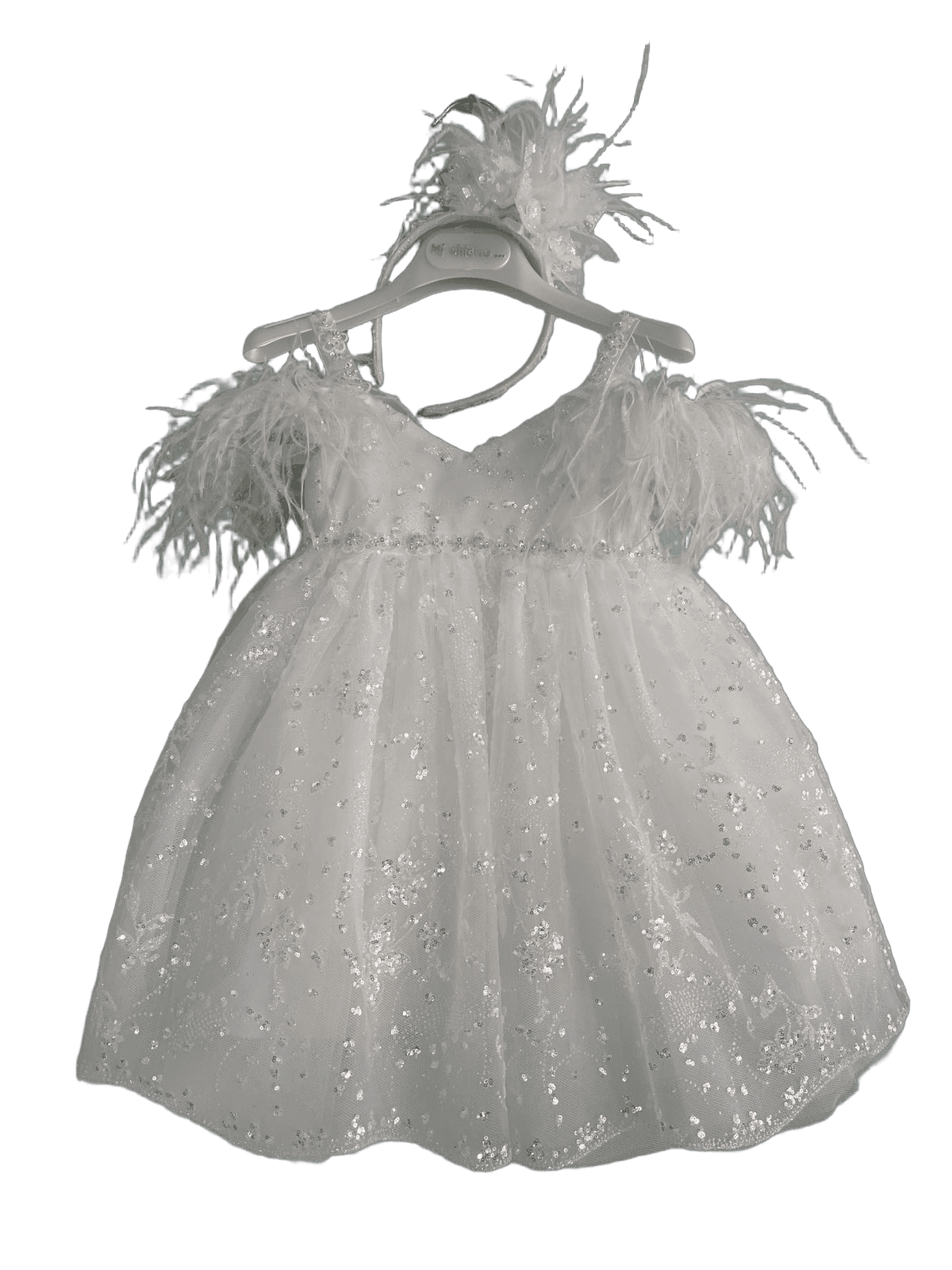 Βαφτιστικό Φόρεμα με Πούπουλα και Glitter - Λευκό