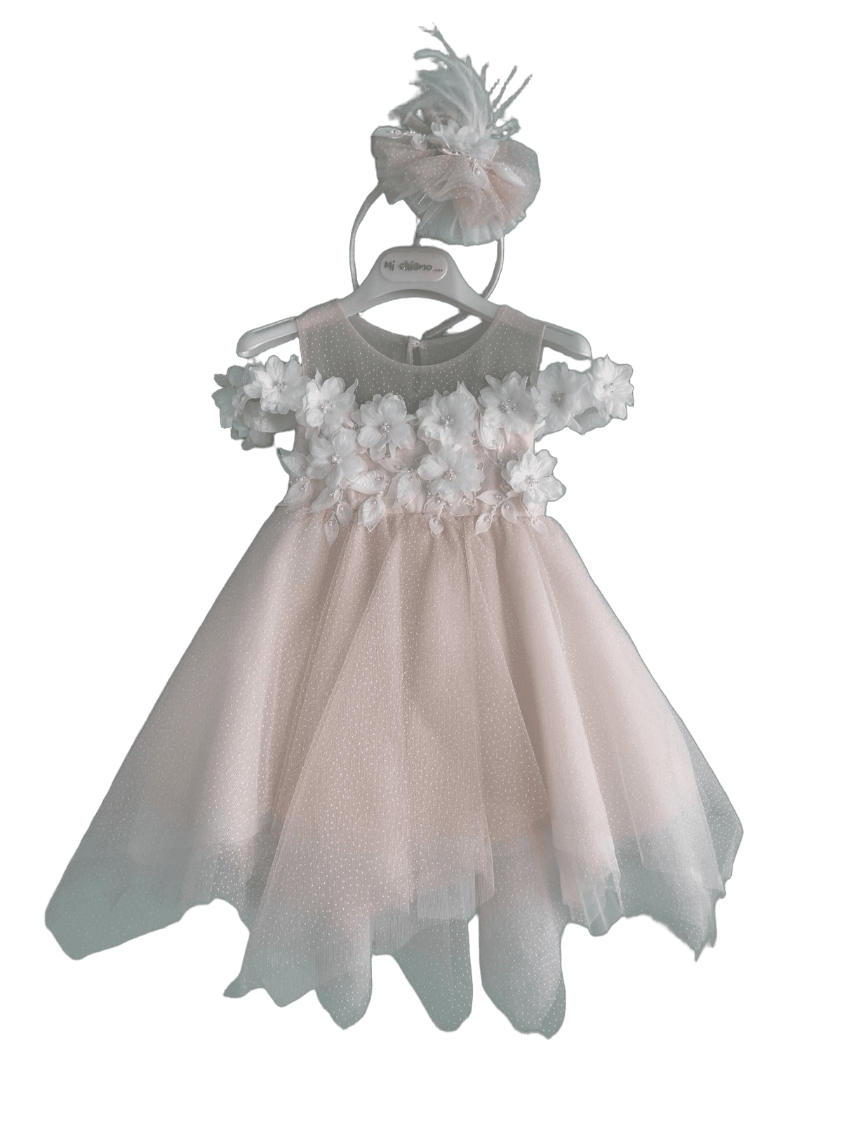 Βαφτιστικό Φόρεμα Τούλι με 3D Λουλούδια - Σομόν