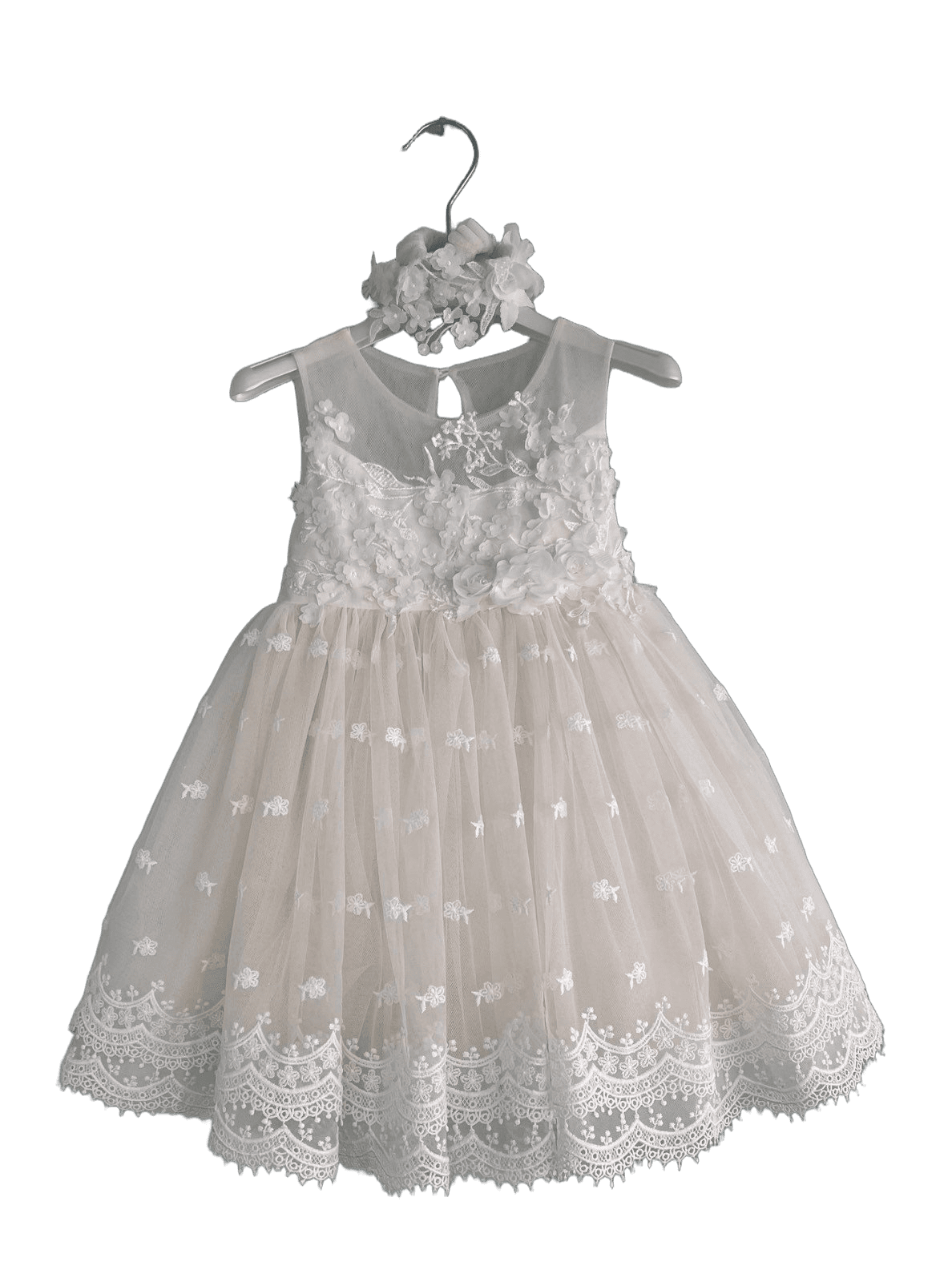 Βαφτιστικό Φόρεμα Τούλι με 3D Λουλούδια - Λευκό