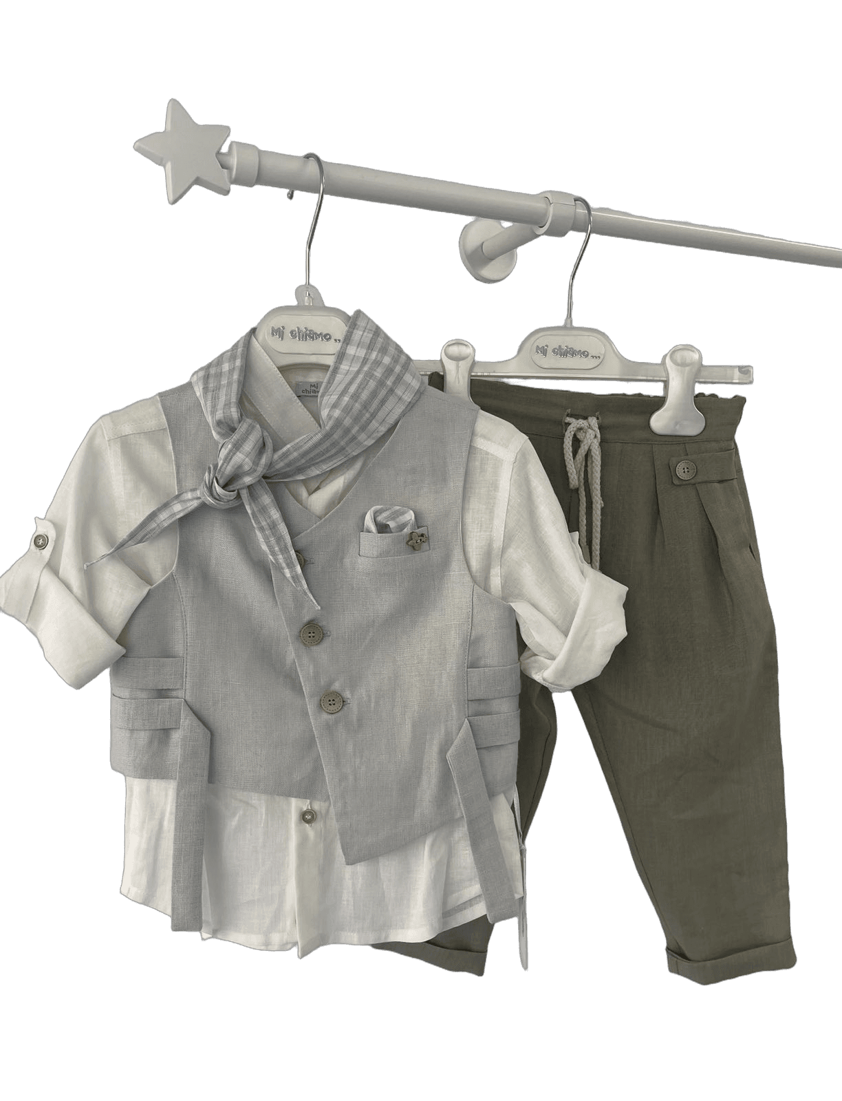 Βαφτιστικό Κουστούμι με Γιλέκο και Φουλάρι - Μπεζ/Χακί