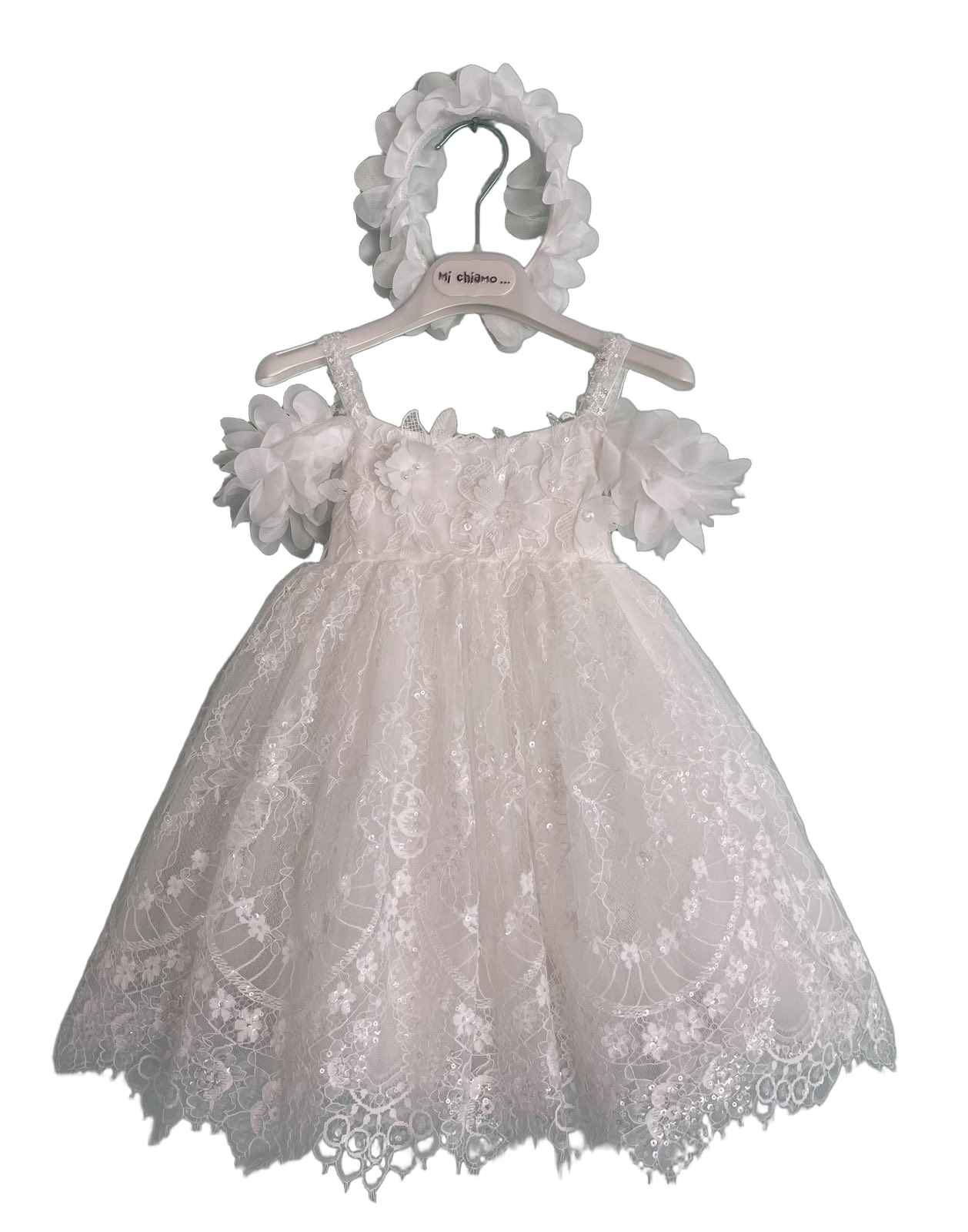 Βαφτιστικό Φόρεμα Δαντέλα με Λουλούδια - Λευκό