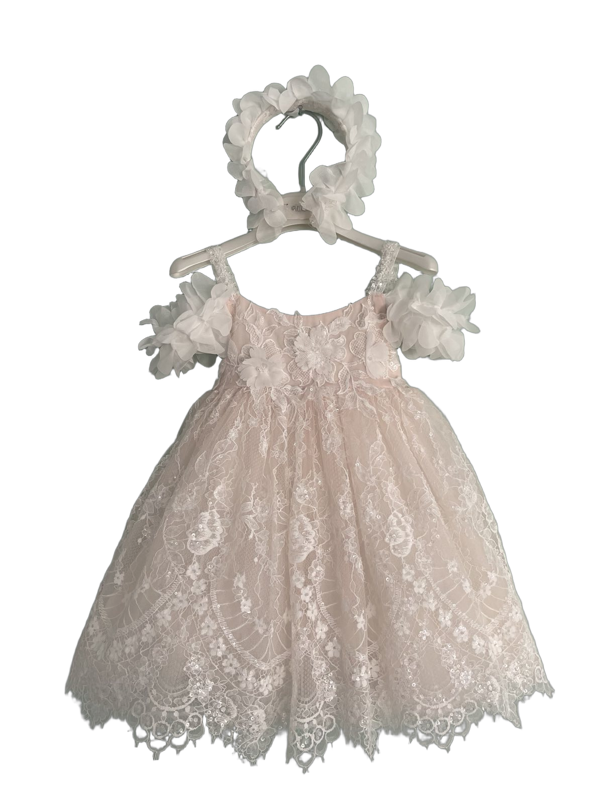 Βαφτιστικό Φόρεμα Δαντέλα με Λουλούδια - Σομόν/Ροζ