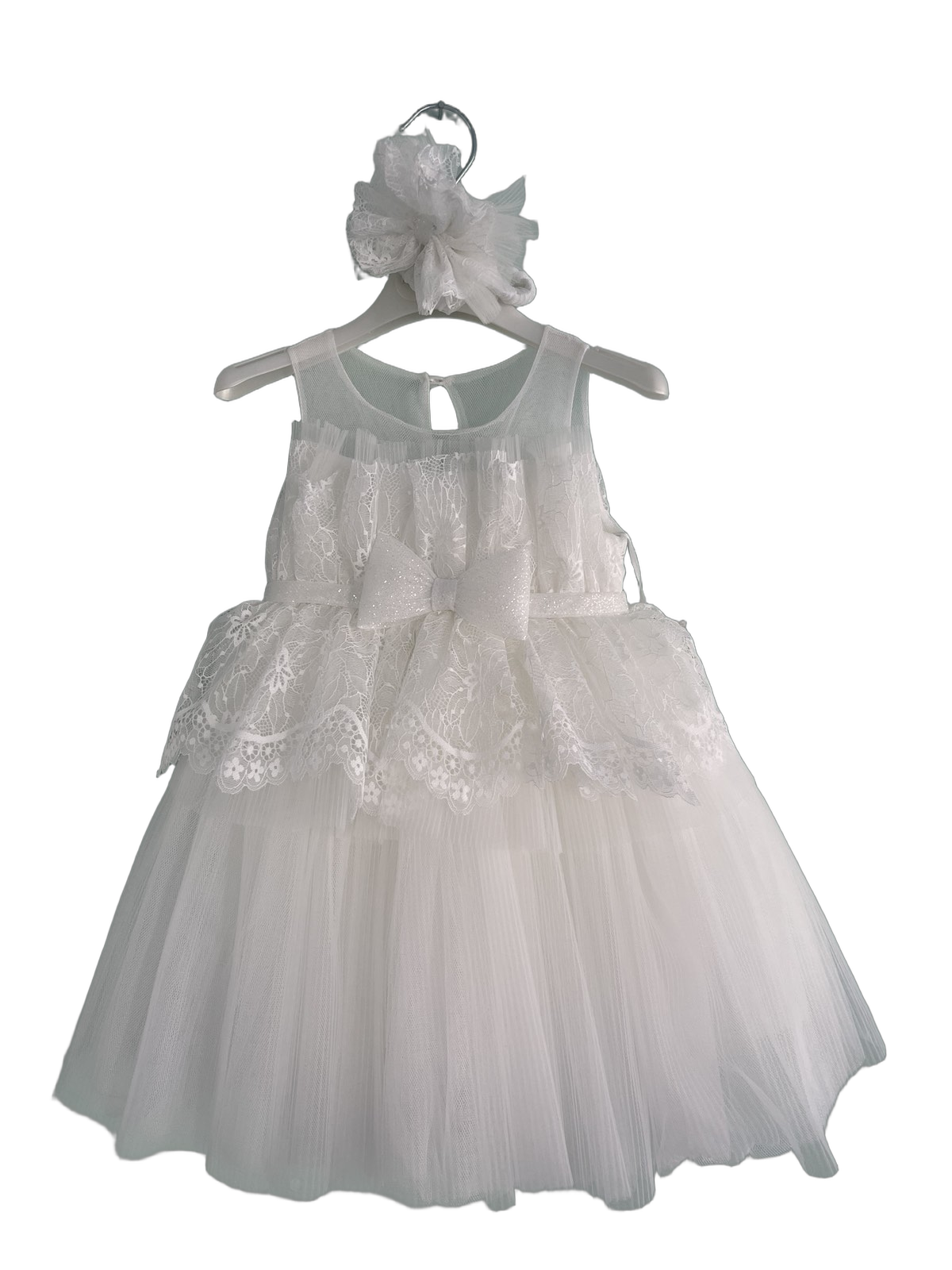 Βαφτιστικό Φόρεμα με Peplum Δαντέλα και Φιόγκο - Λευκό