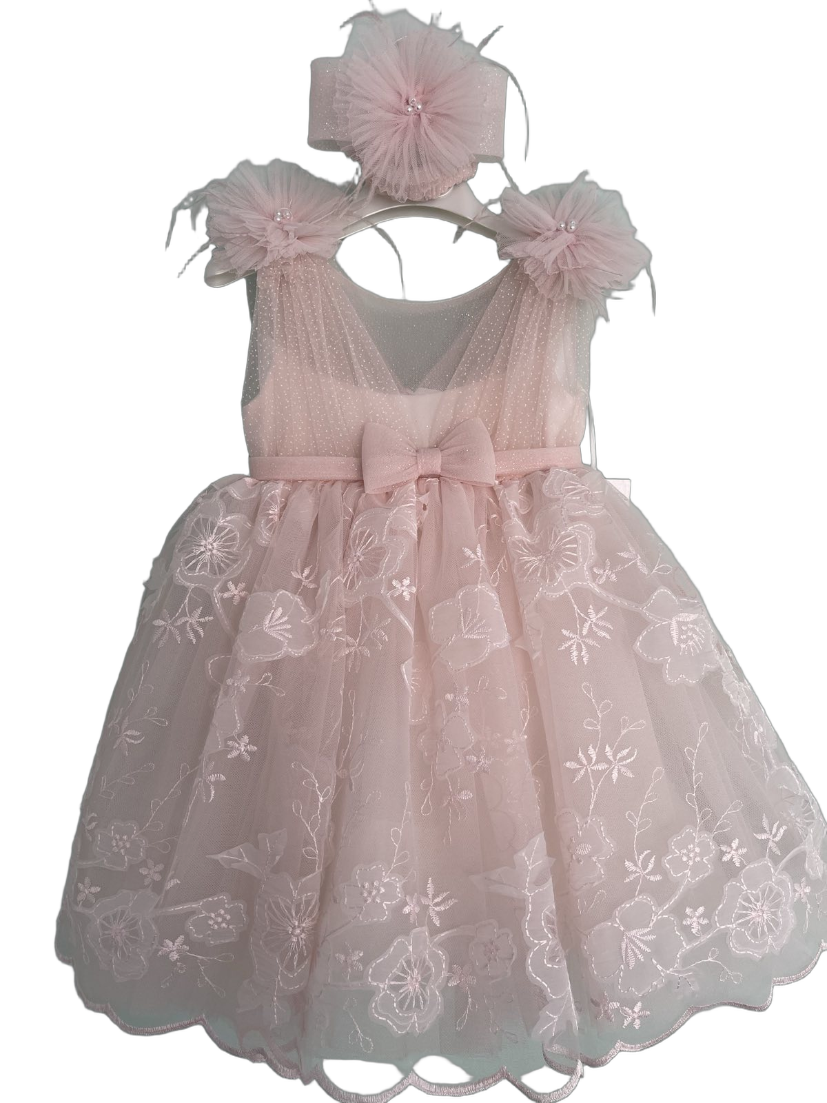 Βαφτιστικό Φόρεμα Τούλι με Κεντημένα Λουλούδια - Ροζ