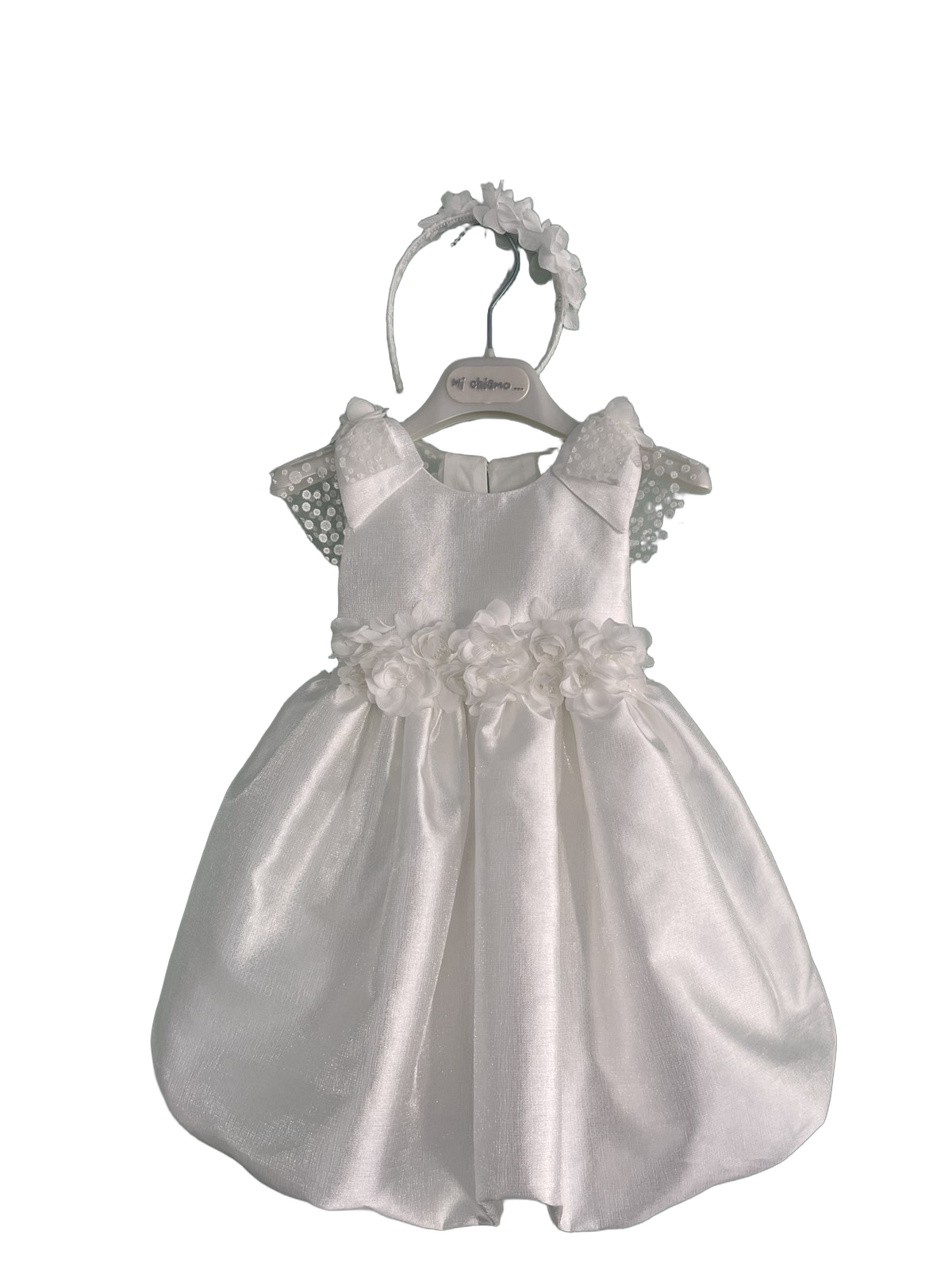 Βαφτιστικό Φόρεμα Σατέν με Πουά Μανίκια - Λευκό