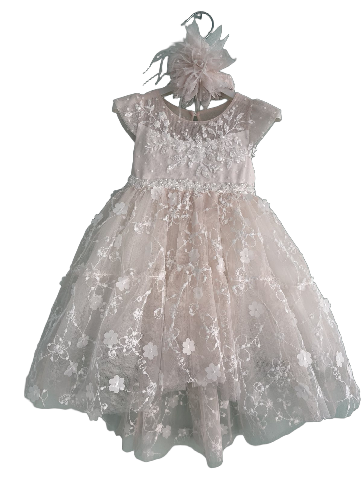 Βαφτιστικό Φόρεμα με 3D Λουλούδια και Δαντέλα - Σομόν