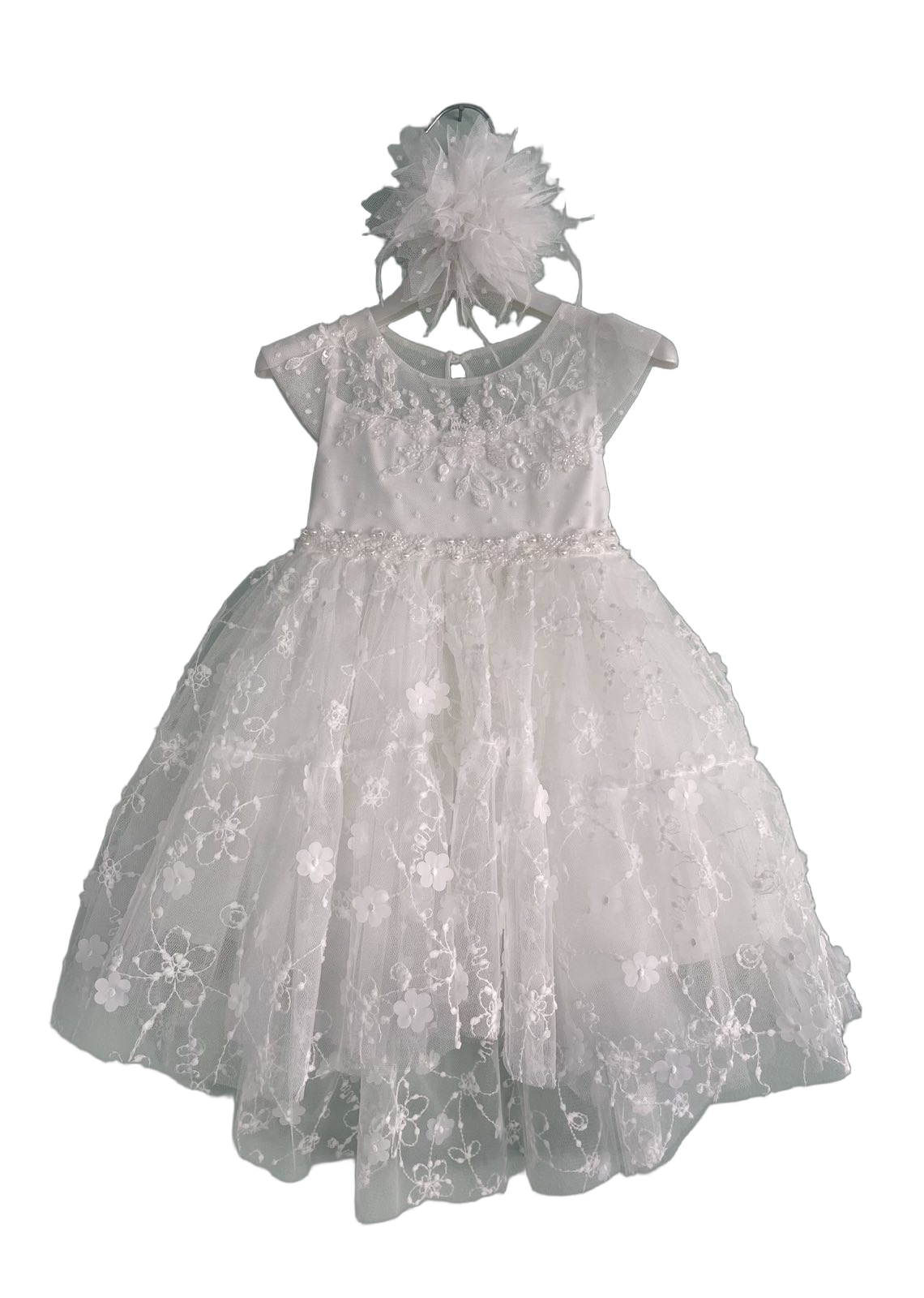 Βαφτιστικό Φόρεμα με 3D Λουλούδια και Δαντέλα - Λευκό