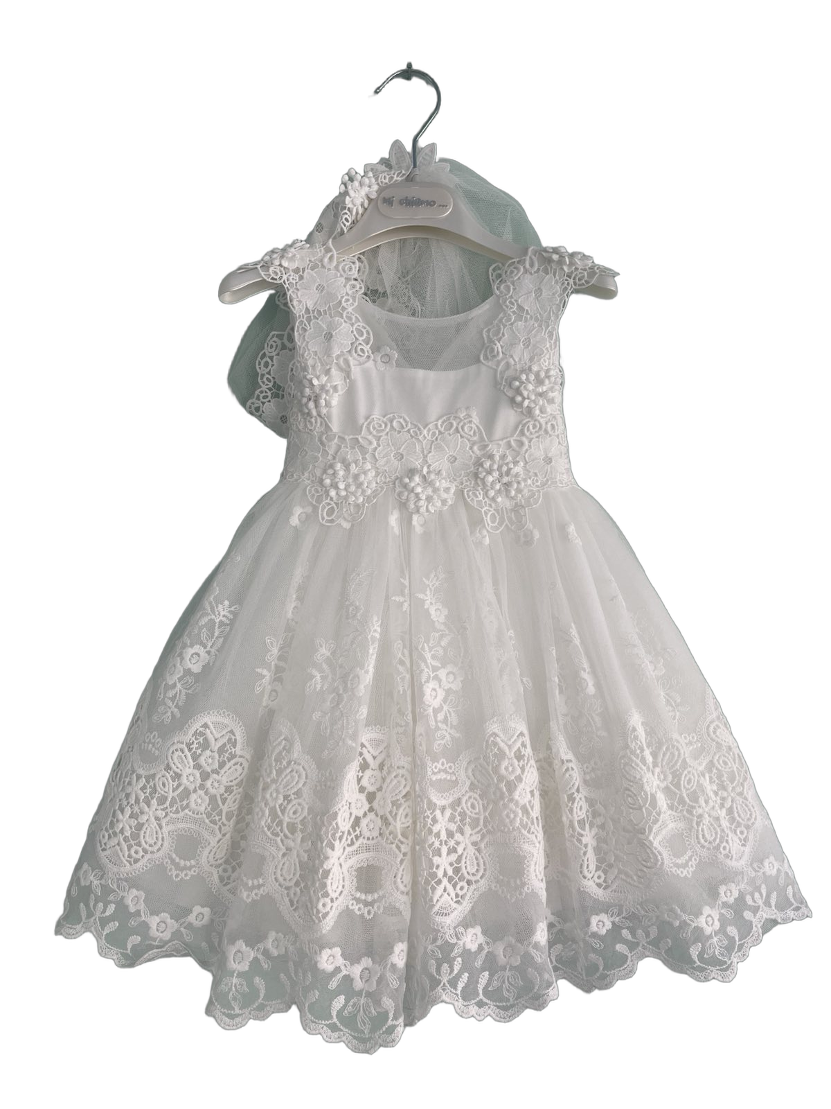 Βαφτιστικό Φόρεμα Guipure Δαντέλα με Πέρλες - Λευκό