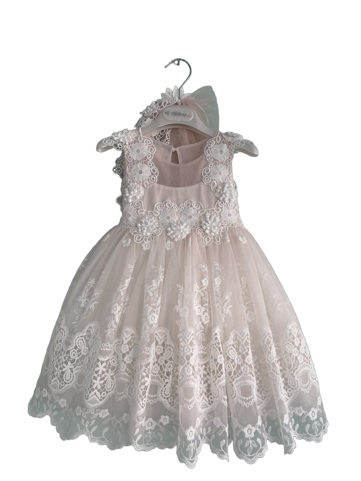 Βαφτιστικό Φόρεμα Guipure Δαντέλα με Πέρλες - Σομόν