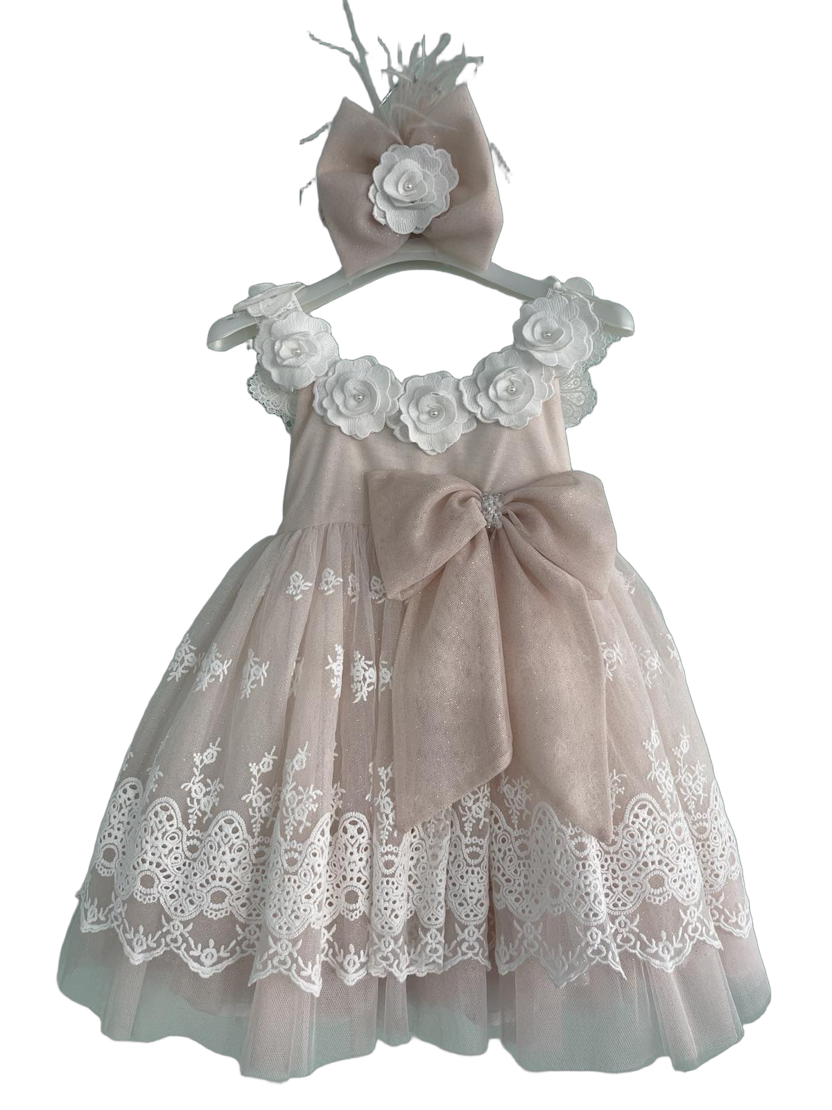 Βαφτιστικό Φόρεμα με Τριαντάφυλλα και Δαντέλα - Μπεζ/Σαμπανί