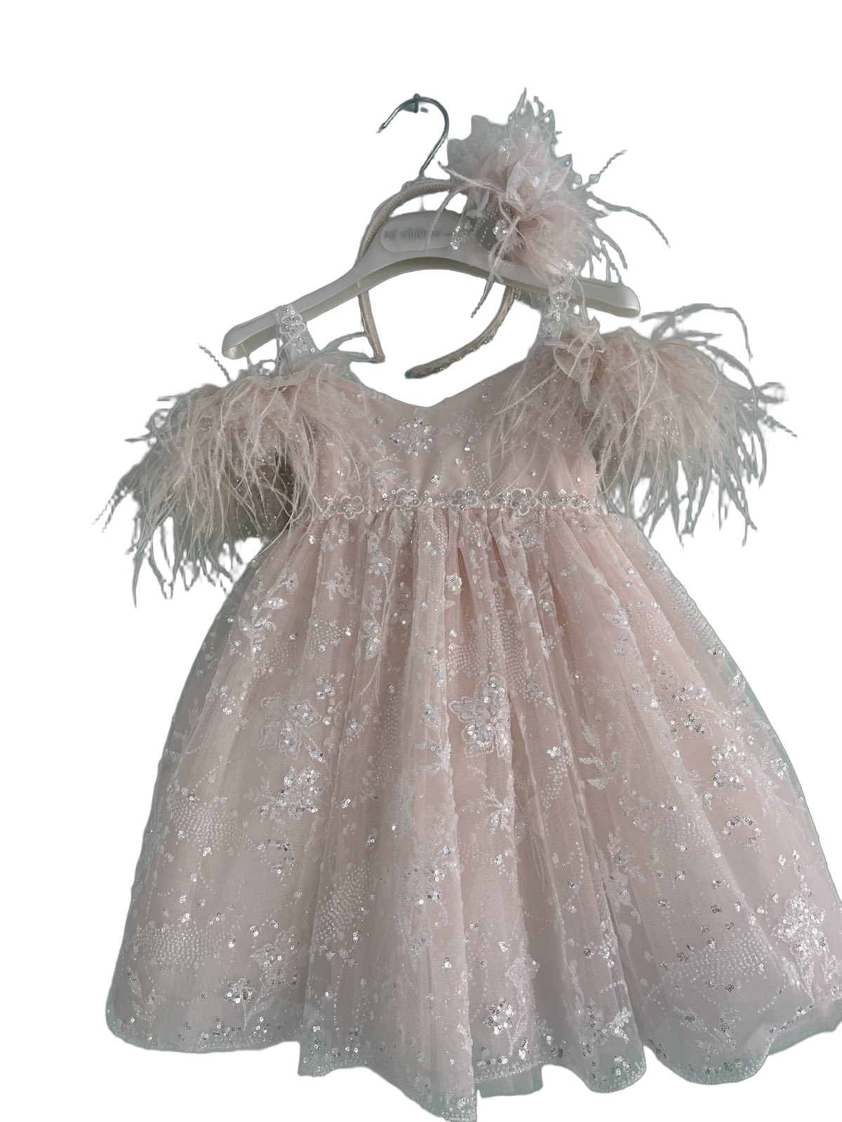 Βαφτιστικό Φόρεμα με Πούπουλα και Glitter - Ροζ