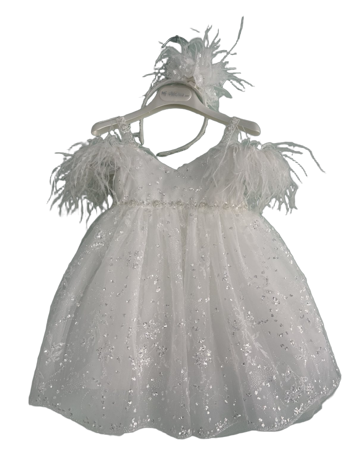 Βαφτιστικό Φόρεμα με Πούπουλα και Glitter - Λευκό