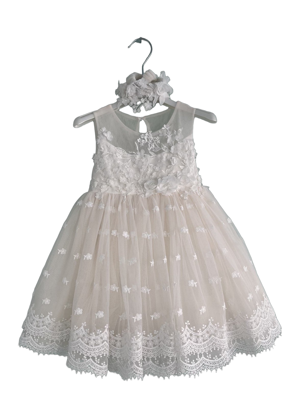 Βαφτιστικό Φόρεμα Τούλι με 3D Λουλούδια - Λευκό