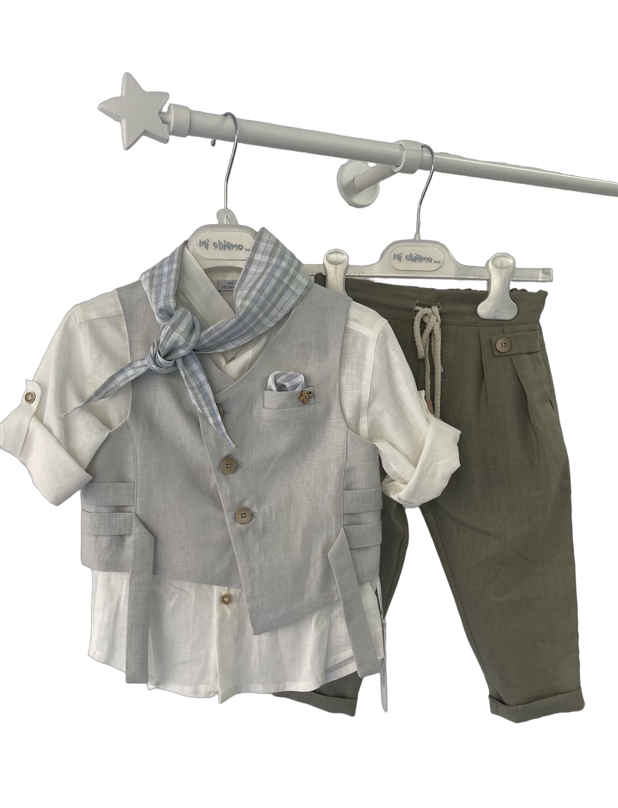 Βαφτιστικό Κουστούμι με Γιλέκο και Φουλάρι - Μπεζ/Χακί